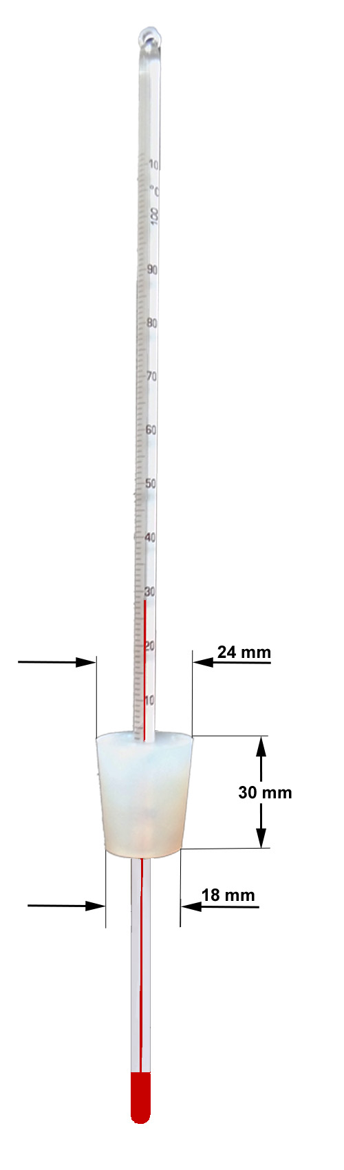 Destillier-Thermometer, 30 cm, mit Silikonstopfen Ø 18-24 mm (NS24))